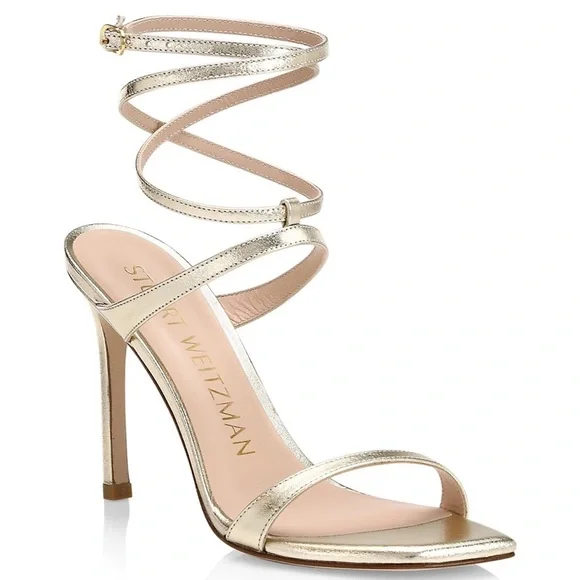 Stuart Weitzman Ellsie Ankle-Wrap Metallic Leather Sandals - Picture 1 of 6